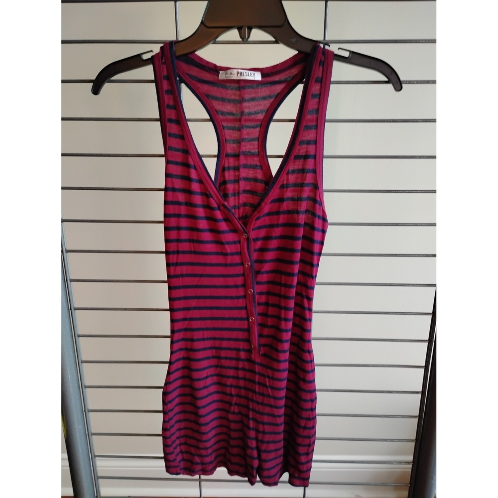 Heather Presley Womens Red Navy Striped Racerback Henley Tank Top Small‎